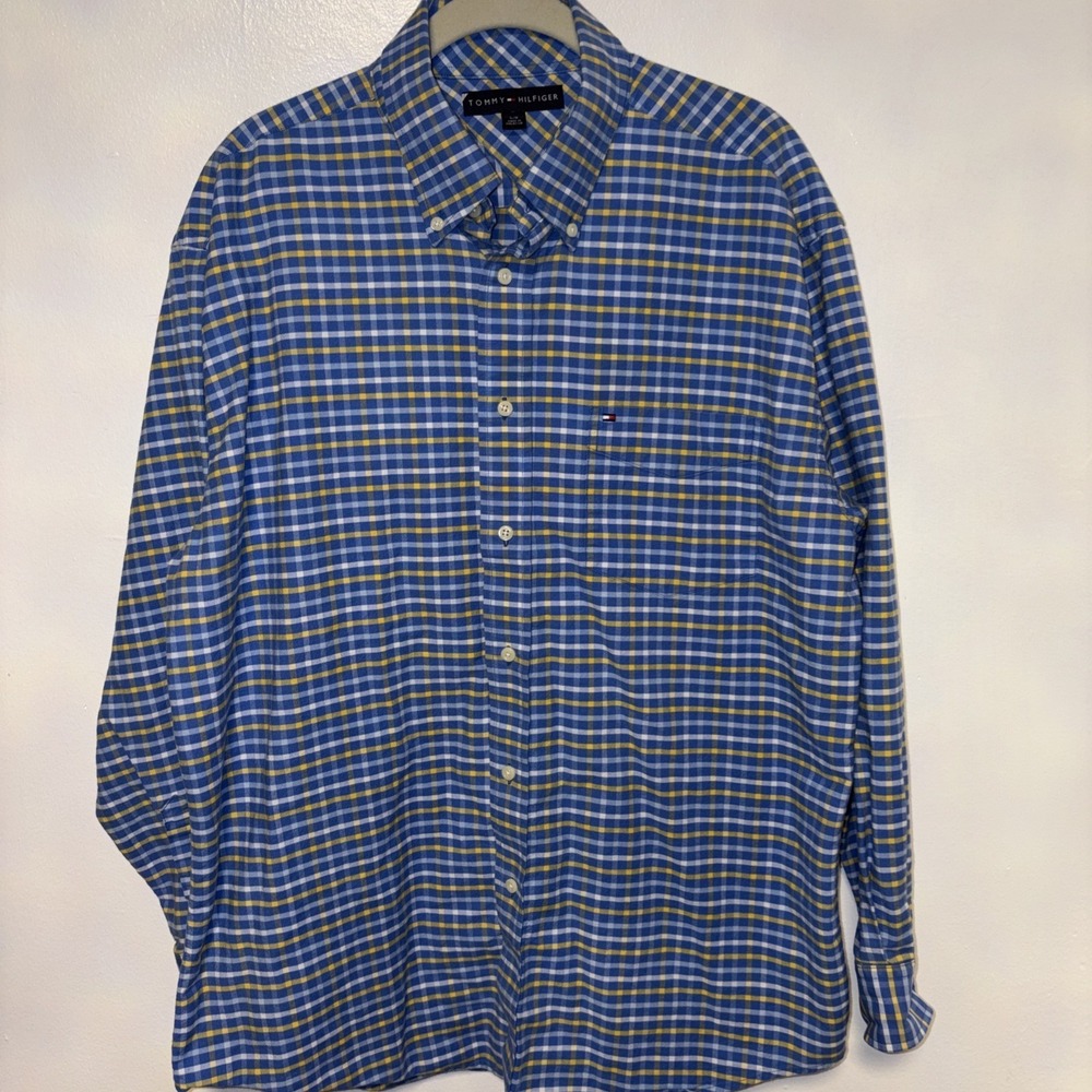 Men's Tommy Hilfiger Blue yello Plaid Button Up Long Sleeve Shirt Size Large